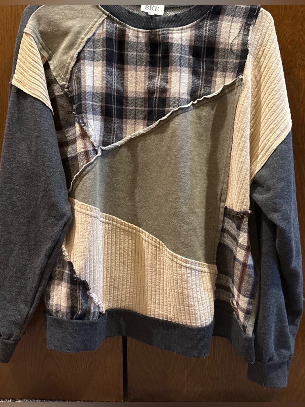 BKE Mixed-Media Patchwork Sweatshirt in Olive, Cream, Charcoal